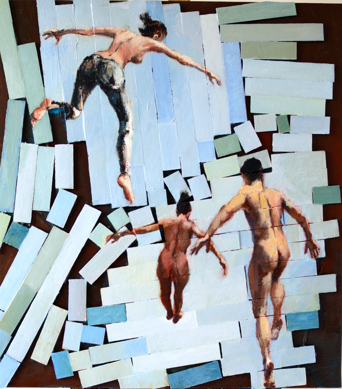 Painting of human figures falling into a decomposing semigeometric background